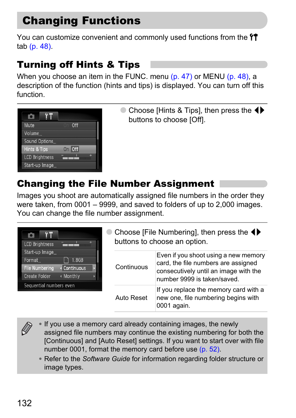 Changing functions, P. 132), Turning off hints & tips | Changing the file number assignment | Canon IXUS 120 IS User Manual | Page 132 / 161