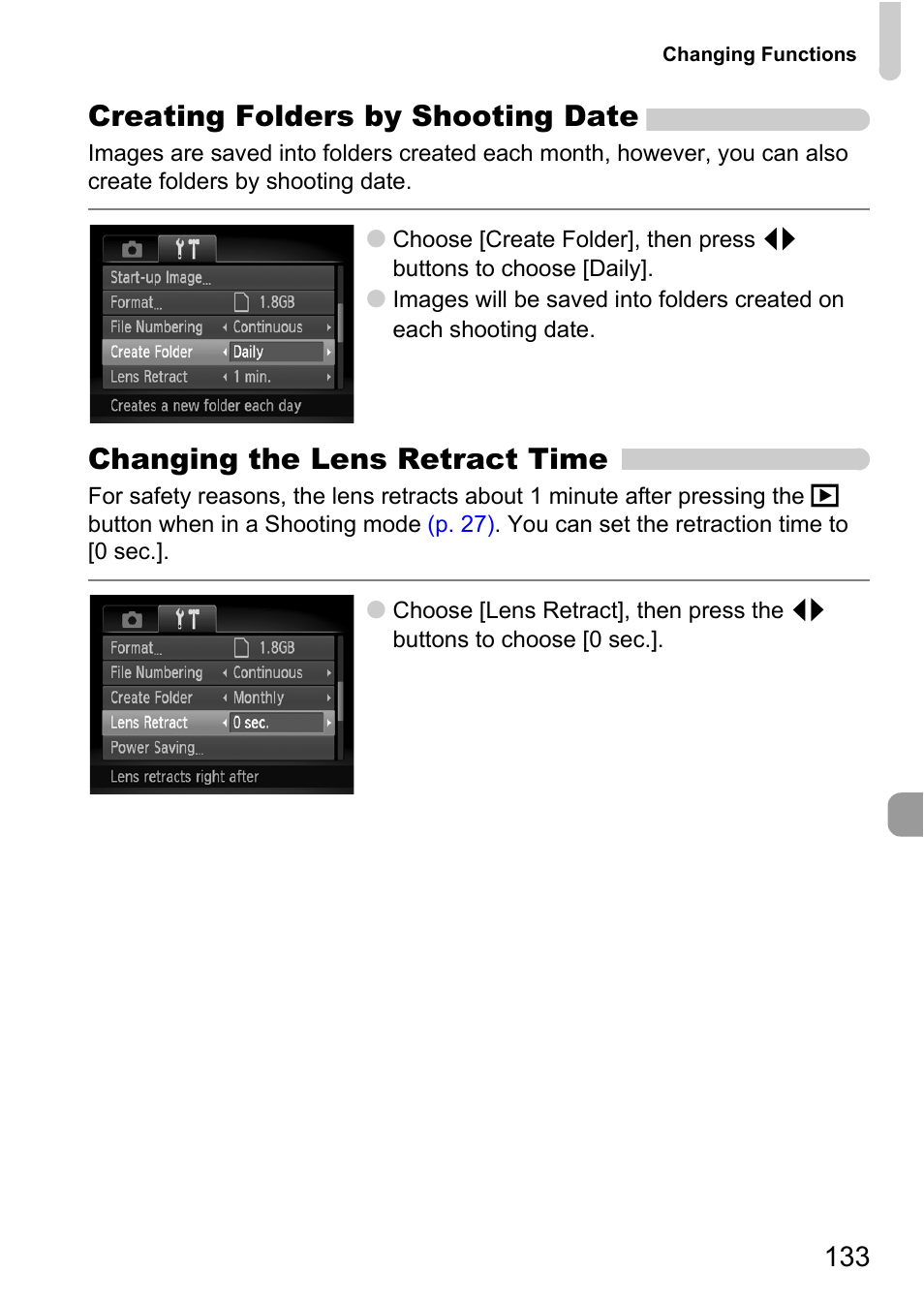 Creating folders by shooting date, Changing the lens retract time | Canon IXUS 120 IS User Manual | Page 133 / 161