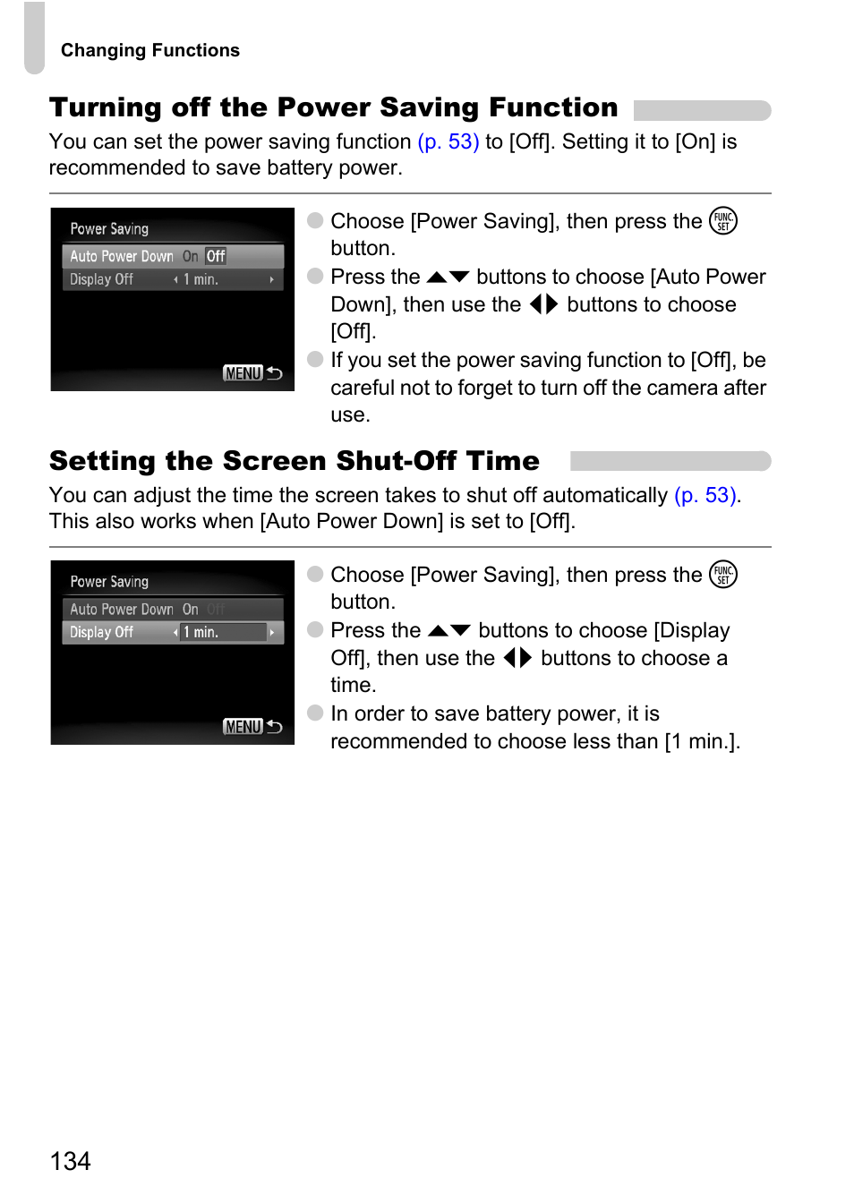 Display off, P. 134), Turning off the power saving function | Setting the screen shut-off time | Canon IXUS 120 IS User Manual | Page 134 / 161