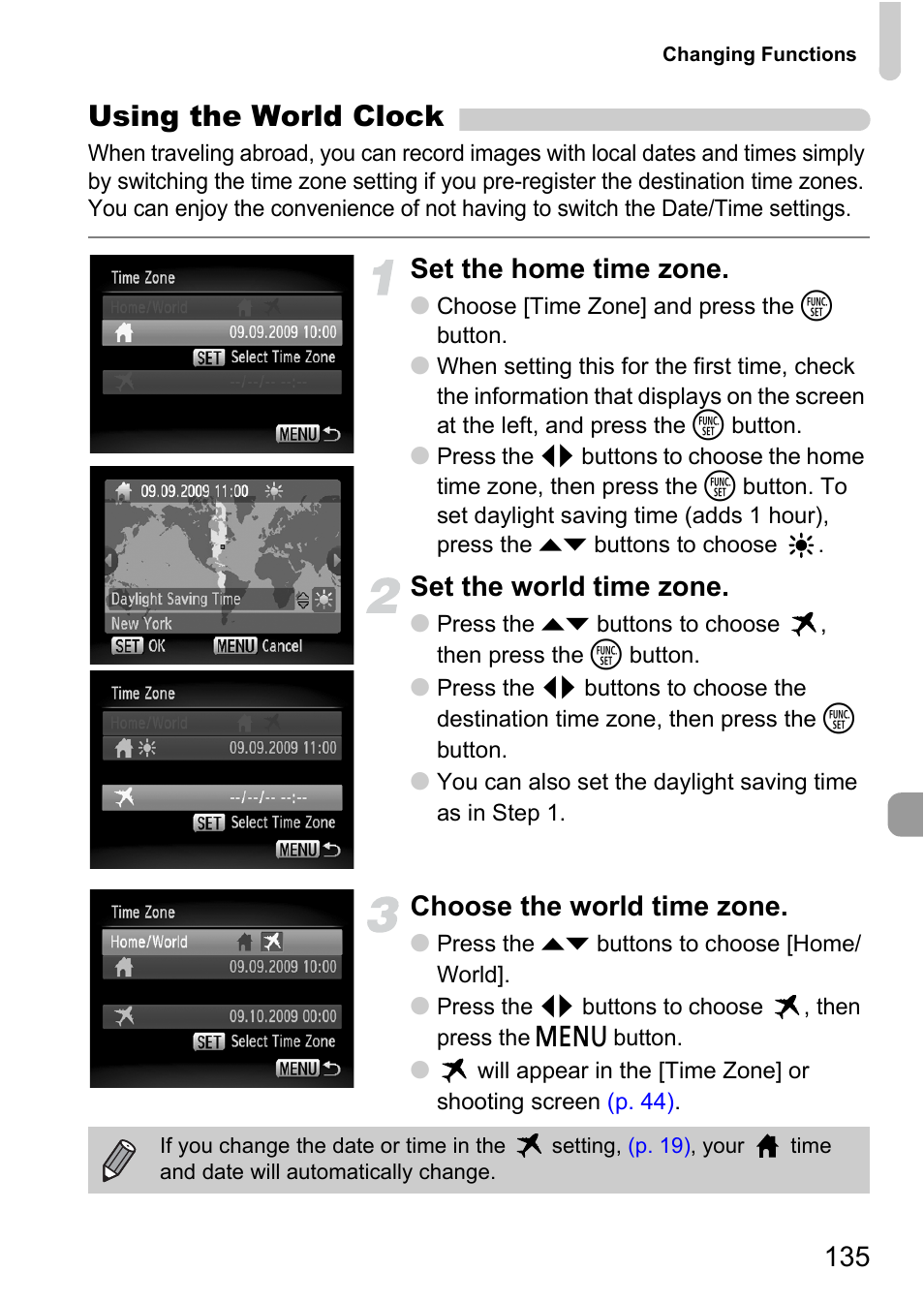 Zone, P. 135), Using the world clock | Set the home time zone, Set the world time zone, Choose the world time zone | Canon IXUS 120 IS User Manual | Page 135 / 161