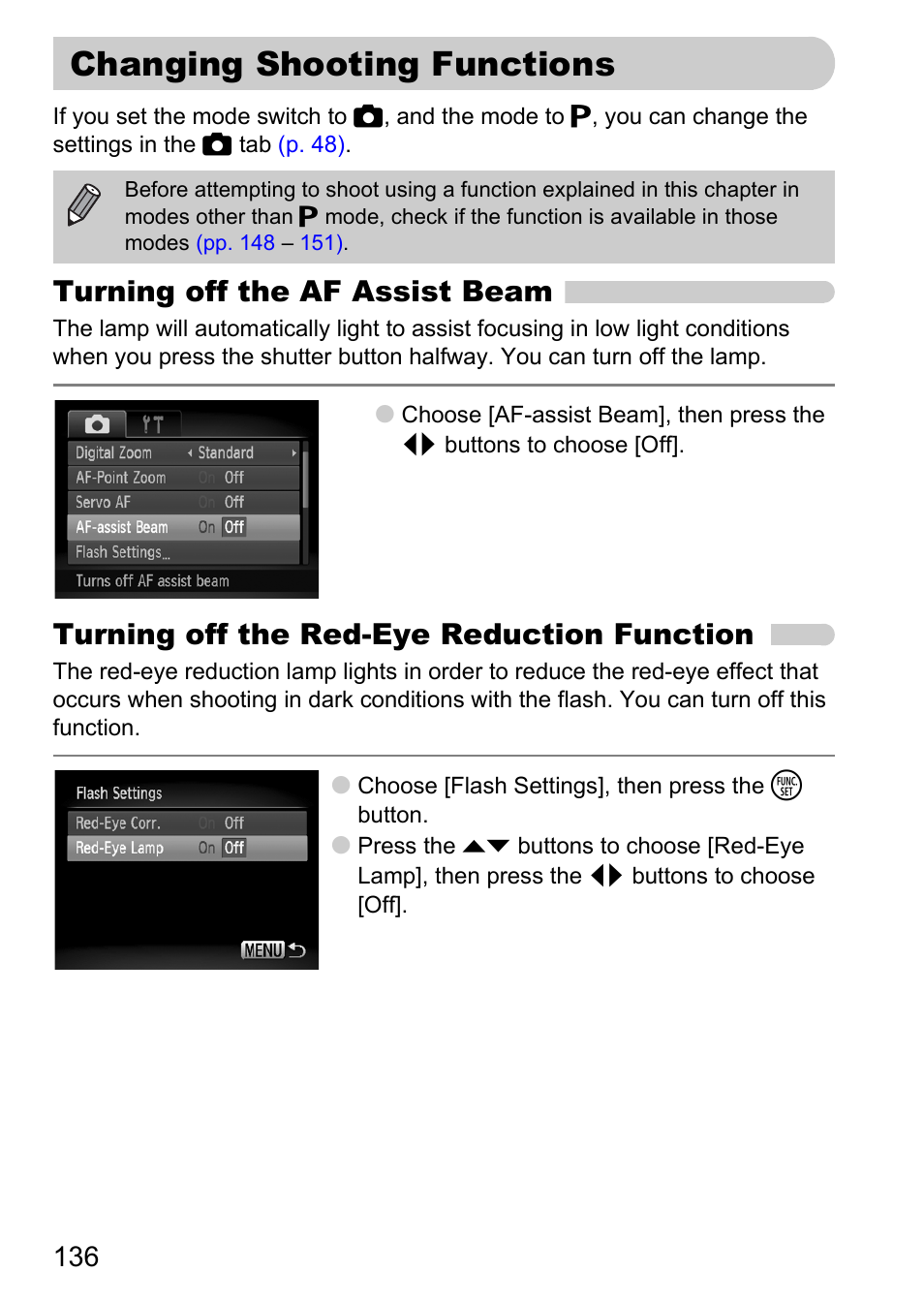 Changing shooting functions, P. 136), Red-eye | Turning off the af assist beam, Turning off the red-eye reduction function | Canon IXUS 120 IS User Manual | Page 136 / 161