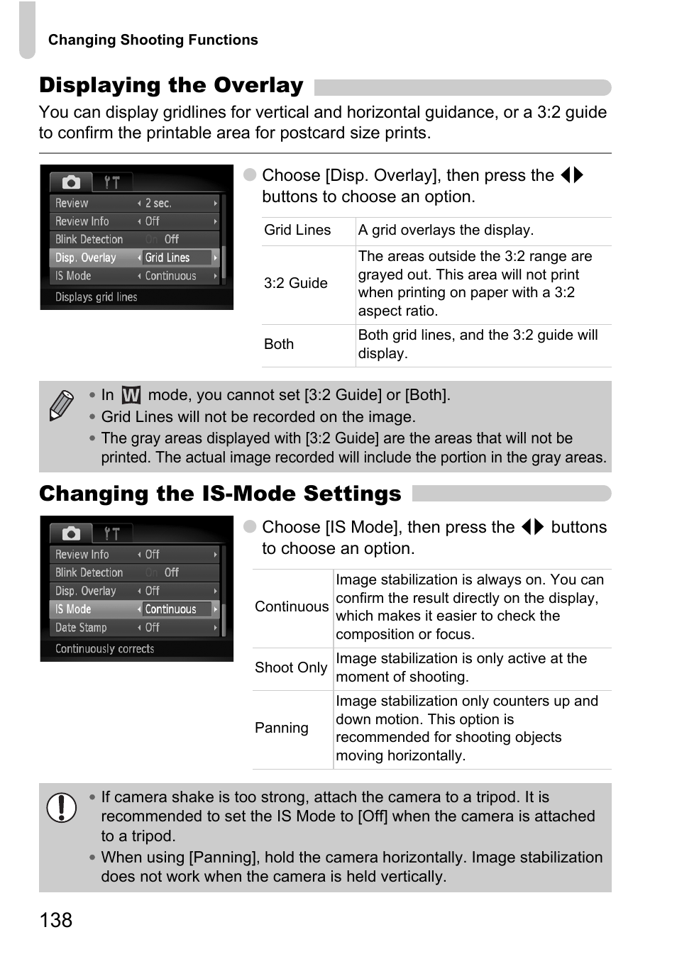 P. 138), Ge stabilizer, Overlay | Displaying the overlay, Changing the is-mode settings | Canon IXUS 120 IS User Manual | Page 138 / 161