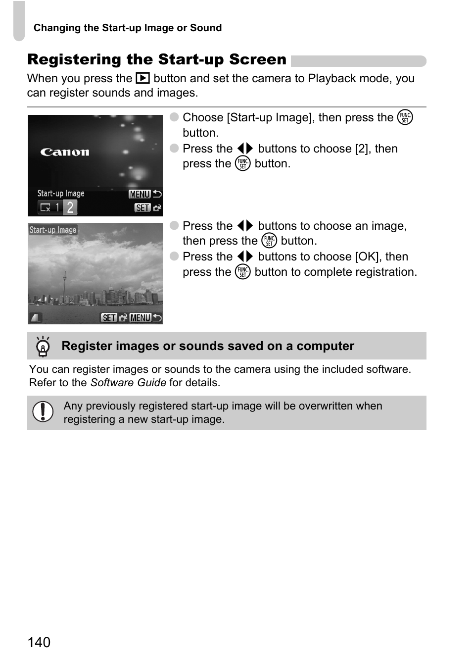 P. 140), Registering the start-up screen | Canon IXUS 120 IS User Manual | Page 140 / 161