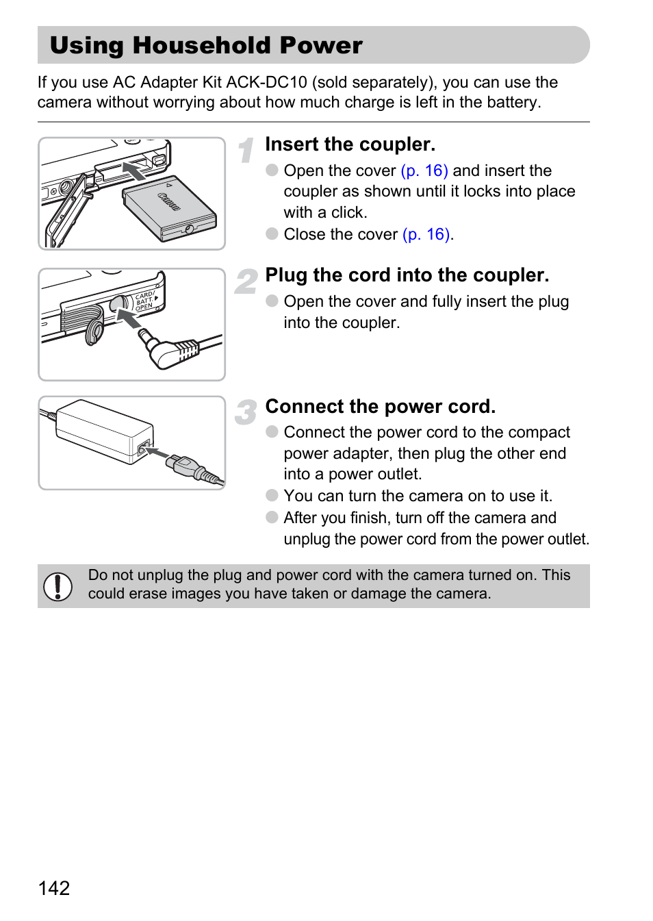 Using household power, P. 142), Insert the coupler | Plug the cord into the coupler, Connect the power cord | Canon IXUS 120 IS User Manual | Page 142 / 161