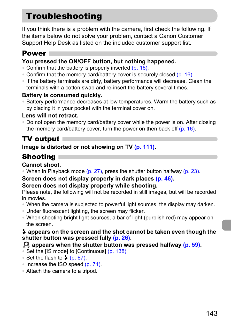 Troubleshooting, Power, Tv output | Shooting | Canon IXUS 120 IS User Manual | Page 143 / 161