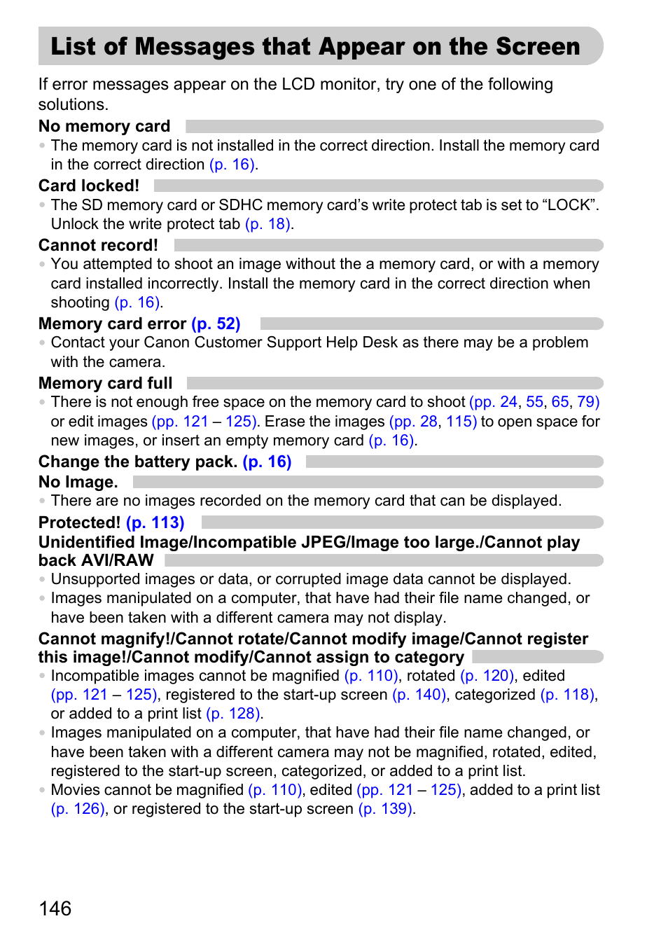 List of messages that appear on the screen, List of messages that appear, On the screen | Canon IXUS 120 IS User Manual | Page 146 / 161