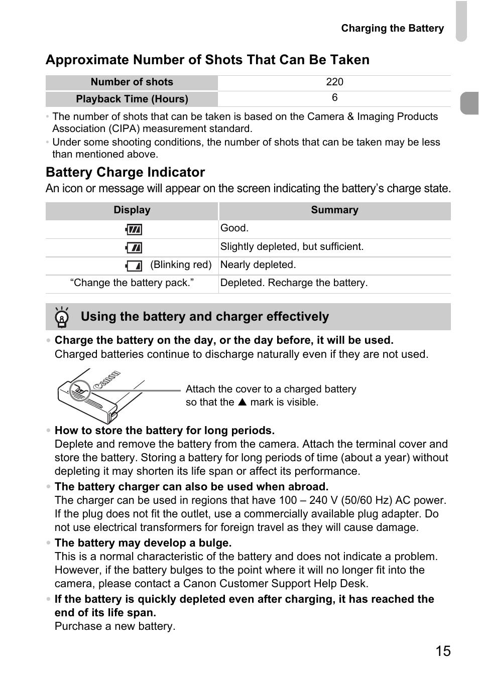 Approximate number of shots that can be taken, Battery charge indicator | Canon IXUS 120 IS User Manual | Page 15 / 161