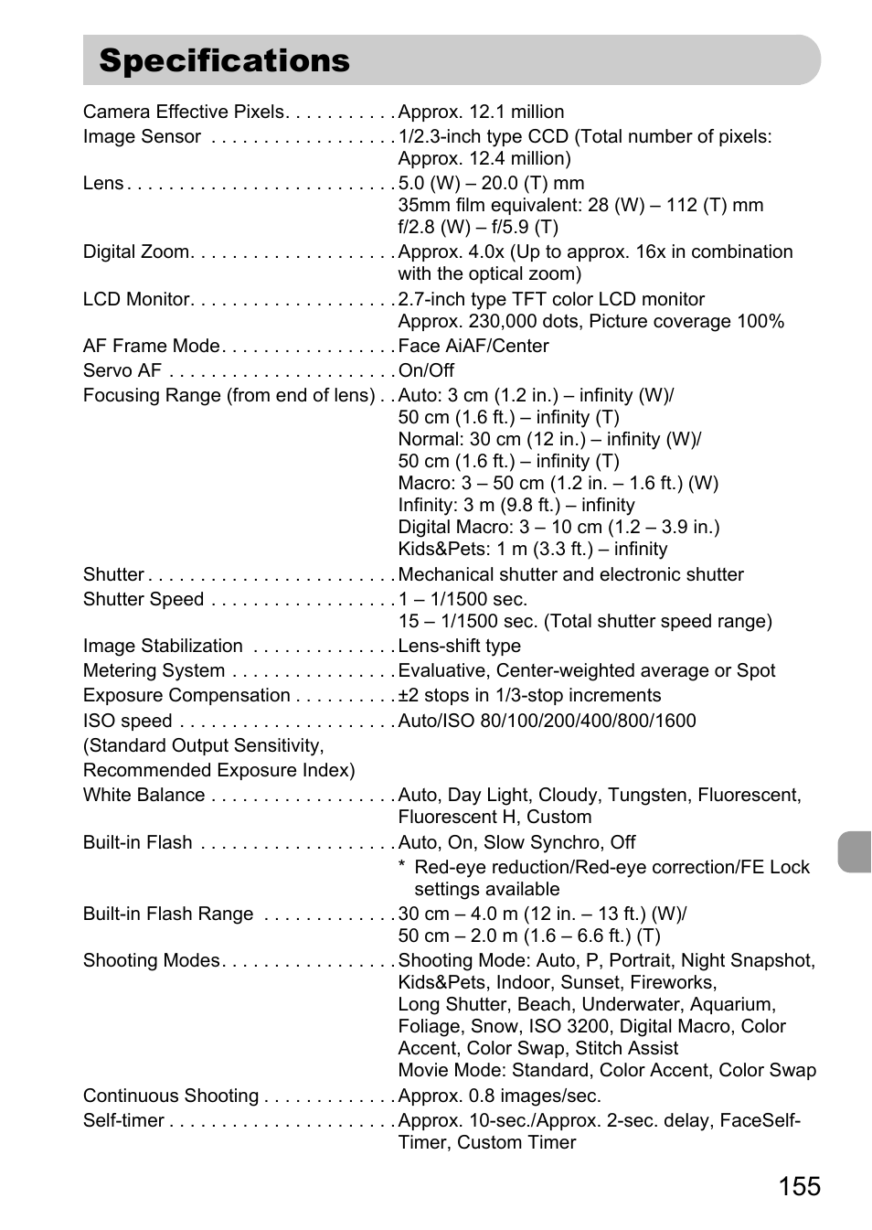 Specifications, P. 155) | Canon IXUS 120 IS User Manual | Page 155 / 161