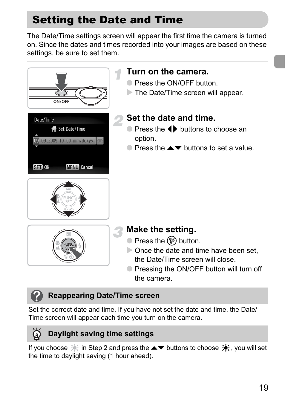 Setting the date and time, Turn on the camera, Set the date and time | Make the setting | Canon IXUS 120 IS User Manual | Page 19 / 161