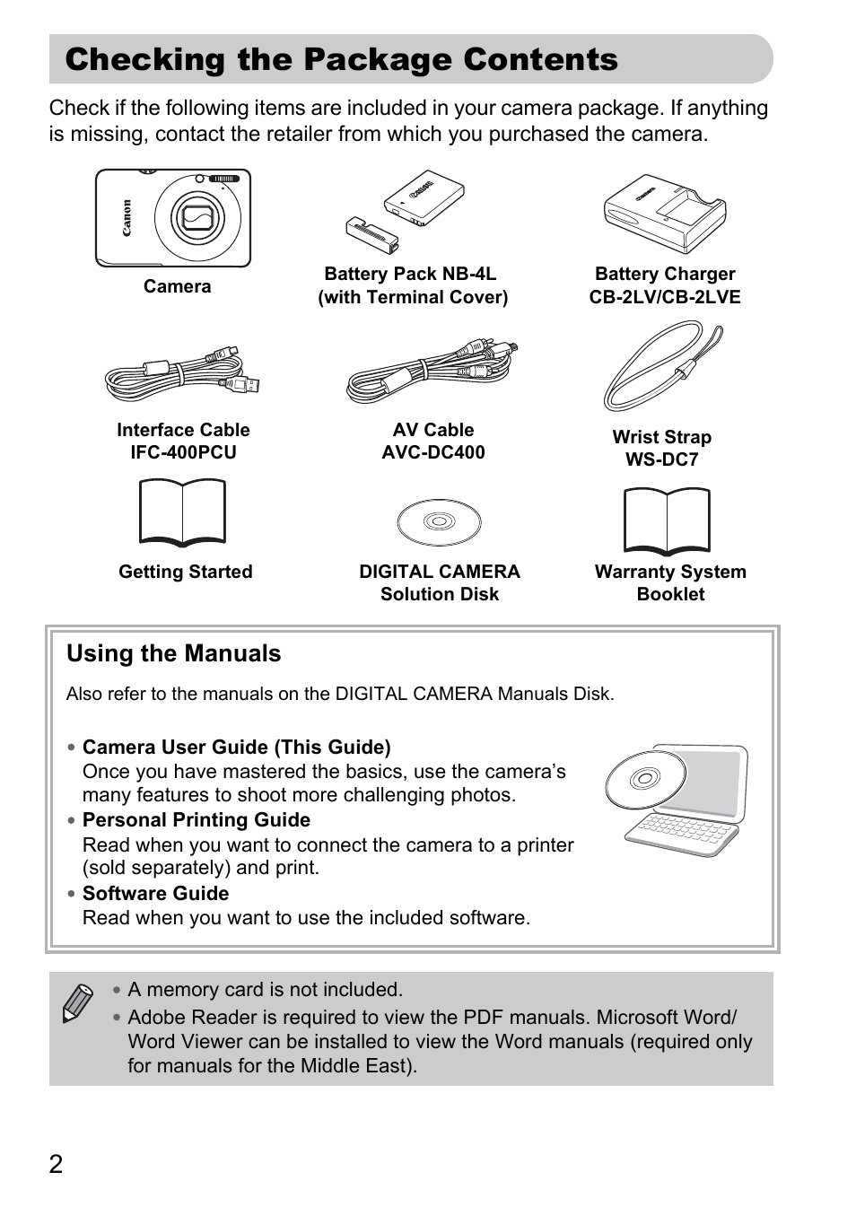 Checking the package contents, Using the manuals | Canon IXUS 120 IS User Manual | Page 2 / 161