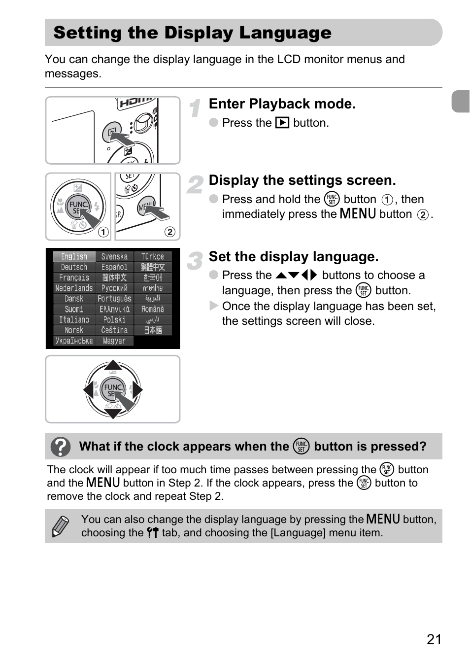 Setting the display language, Enter playback mode, Display the settings screen | Set the display language | Canon IXUS 120 IS User Manual | Page 21 / 161