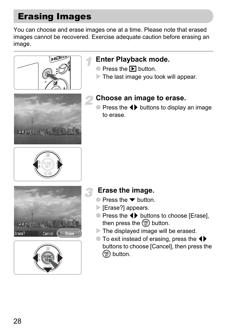 Erasing images, Enter playback mode, Choose an image to erase | Erase the image | Canon IXUS 120 IS User Manual | Page 28 / 161