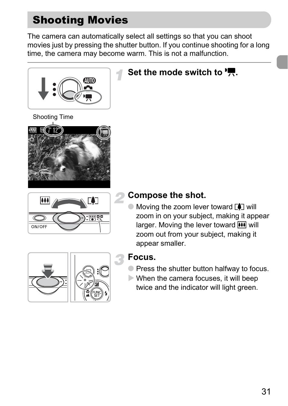 Shooting movies | Canon IXUS 120 IS User Manual | Page 31 / 161