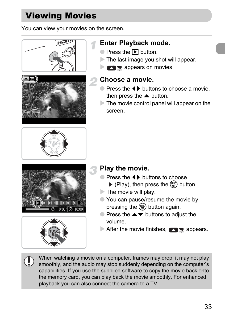 Viewing movies, Enter playback mode, Choose a movie | Play the movie | Canon IXUS 120 IS User Manual | Page 33 / 161