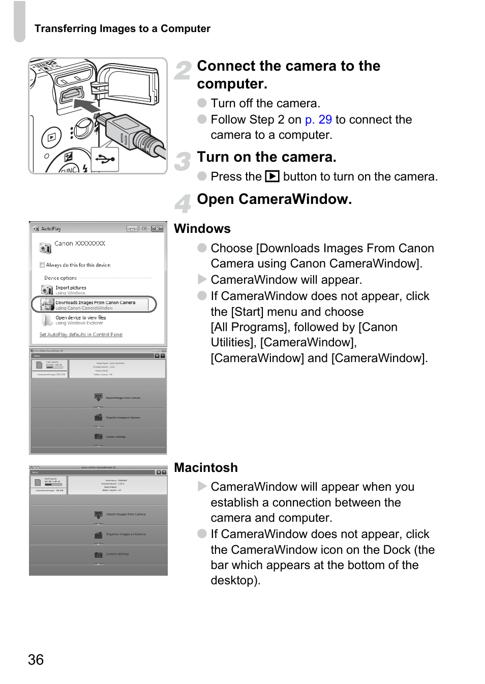 36 connect the camera to the computer, Turn on the camera, Open camerawindow | Canon IXUS 120 IS User Manual | Page 36 / 161