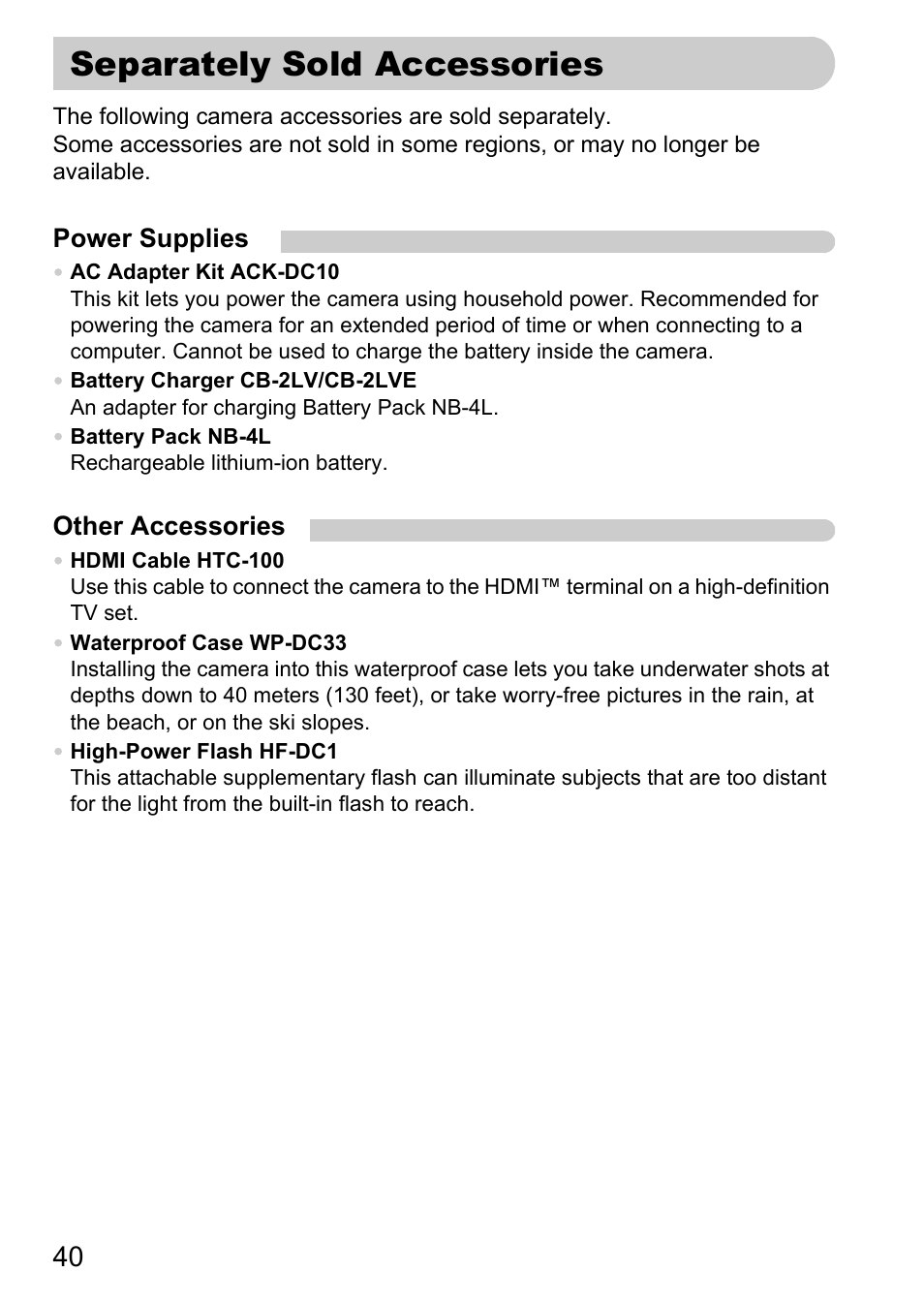 Separately sold accessories, P. 40 | Canon IXUS 120 IS User Manual | Page 40 / 161