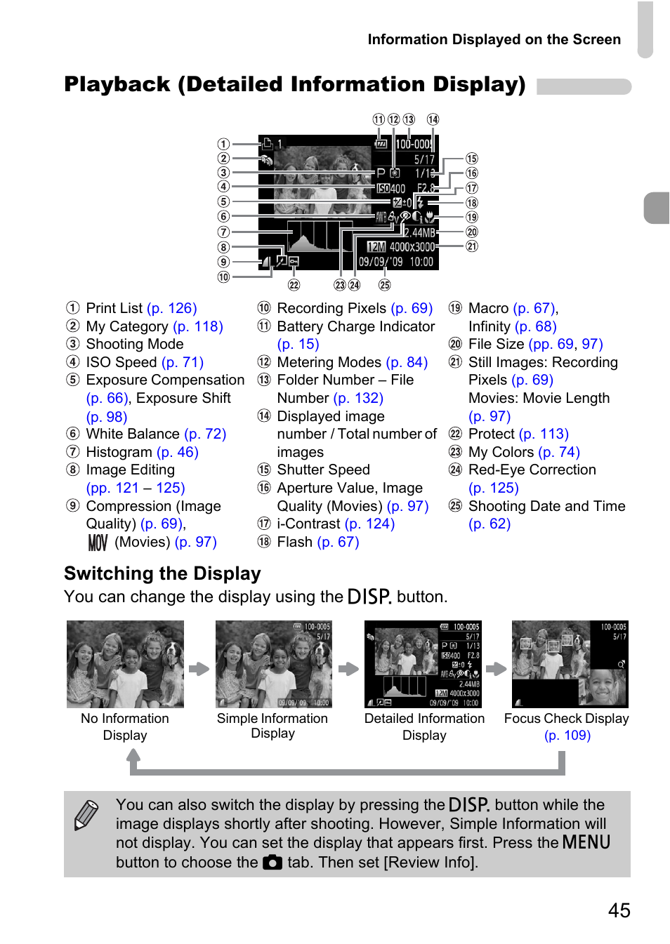 Playback (detailed information display), Switching the display | Canon IXUS 120 IS User Manual | Page 45 / 161