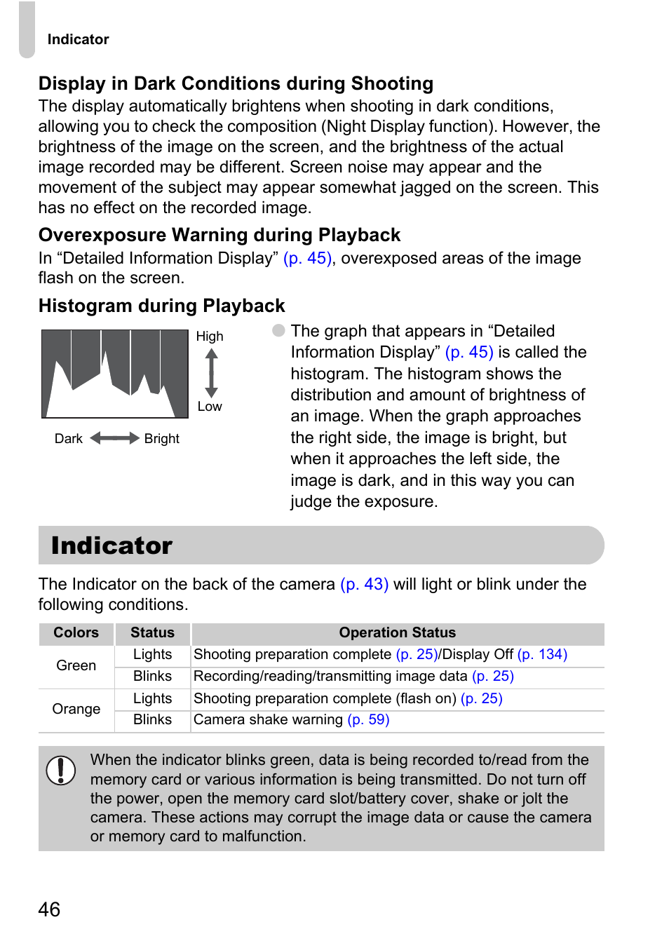 Indicator, P. 46), Display in dark conditions during shooting | Overexposure warning during playback, Histogram during playback | Canon IXUS 120 IS User Manual | Page 46 / 161