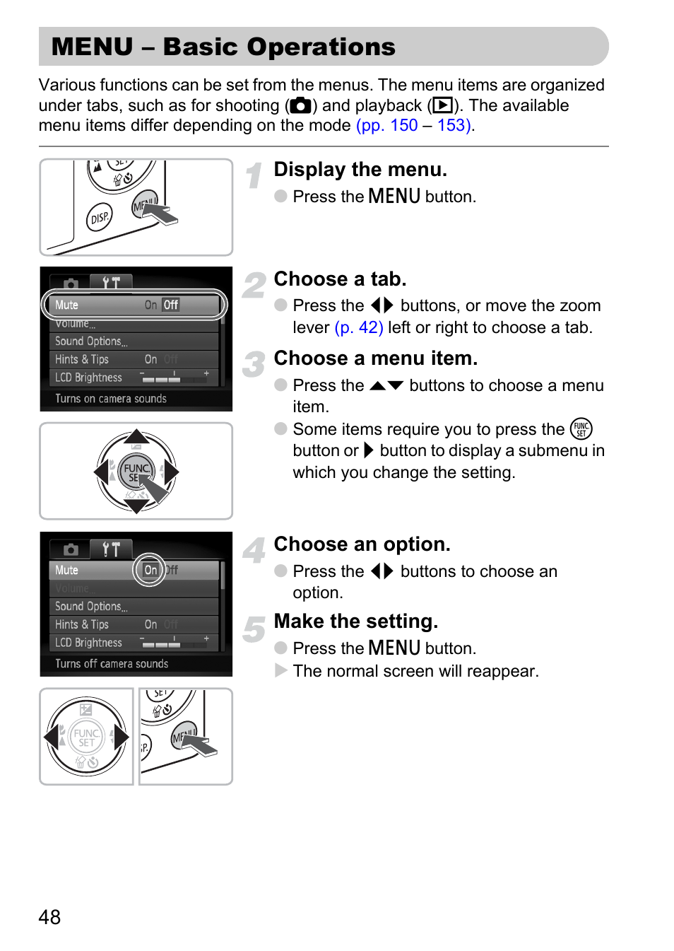 Menu - basic operations, Menu – basic operations, P. 48) | Display the menu, Choose a tab, Choose a menu item, Choose an option, Make the setting | Canon IXUS 120 IS User Manual | Page 48 / 161