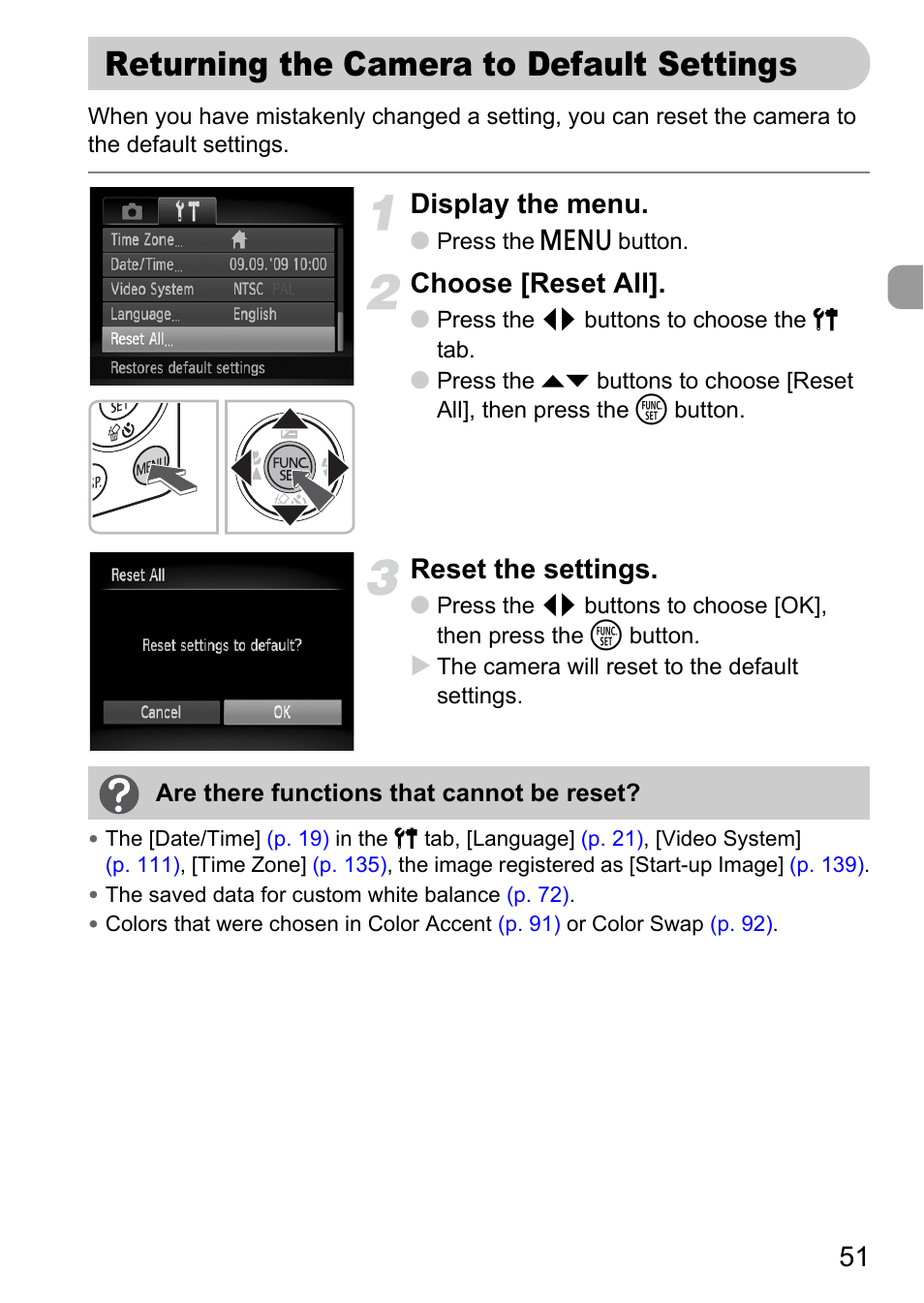 Returning the camera to default settings, Returning the camera, To default settings | Display the menu, Choose [reset all, Reset the settings | Canon IXUS 120 IS User Manual | Page 51 / 161