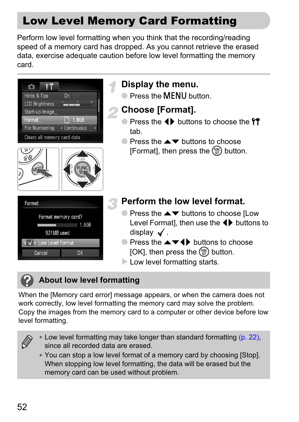 Low level memory card formatting, Low level, Memory card formatting | Display the menu, Choose [format, Perform the low level format | Canon IXUS 120 IS User Manual | Page 52 / 161