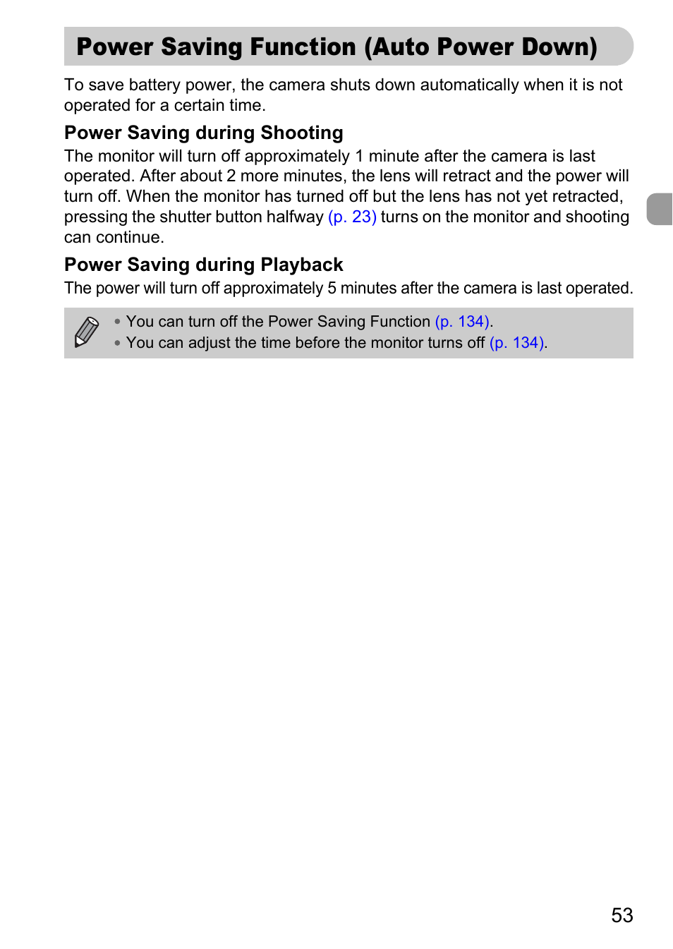 Power saving function (auto power down), Power saving function, Auto power down) | Canon IXUS 120 IS User Manual | Page 53 / 161