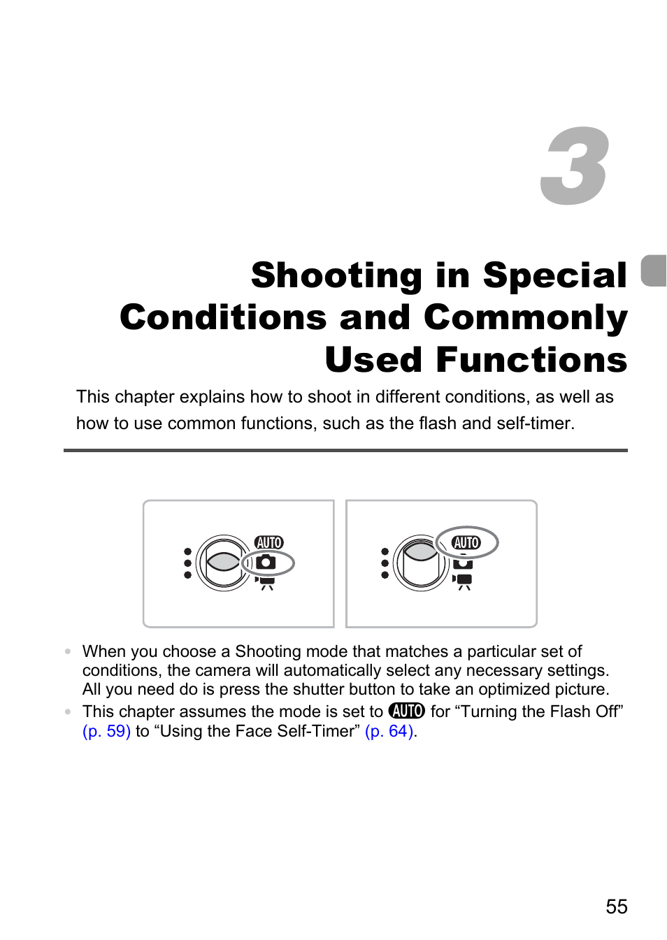 3 shooting in special, Conditions and commonly, Used functions | S of pictures, Pp. 55 | Canon IXUS 120 IS User Manual | Page 55 / 161