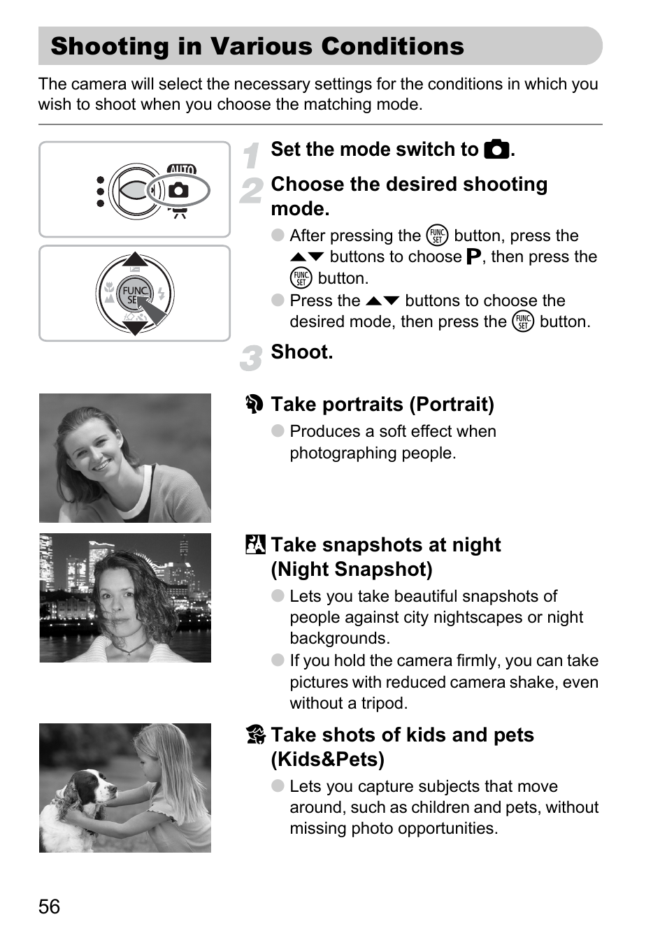 Shooting in various conditions, P. 56) | Canon IXUS 120 IS User Manual | Page 56 / 161