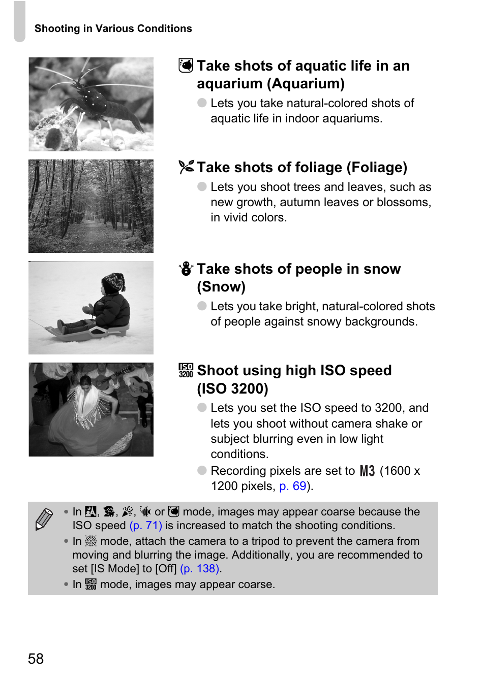P. 58), O take shots of foliage (foliage), P take shots of people in snow (snow) | Z shoot using high iso speed (iso 3200) | Canon IXUS 120 IS User Manual | Page 58 / 161
