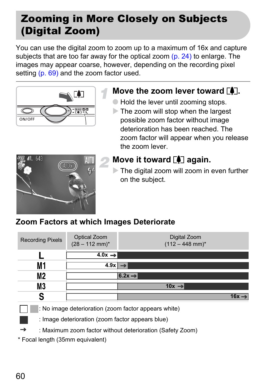 Zooming in more closely on subjects (digital zoom), Zooming in more closely on subjects, Digital zoom) | P. 60), Move the zoom lever toward i, Move it toward i again | Canon IXUS 120 IS User Manual | Page 60 / 161