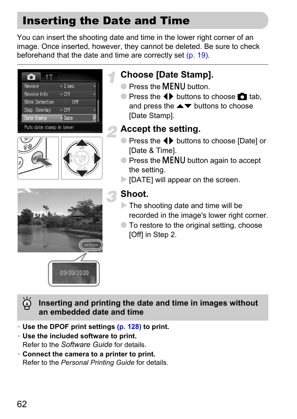 Inserting the date and time, P. 62), Choose [date stamp | Accept the setting, Shoot | Canon IXUS 120 IS User Manual | Page 62 / 161