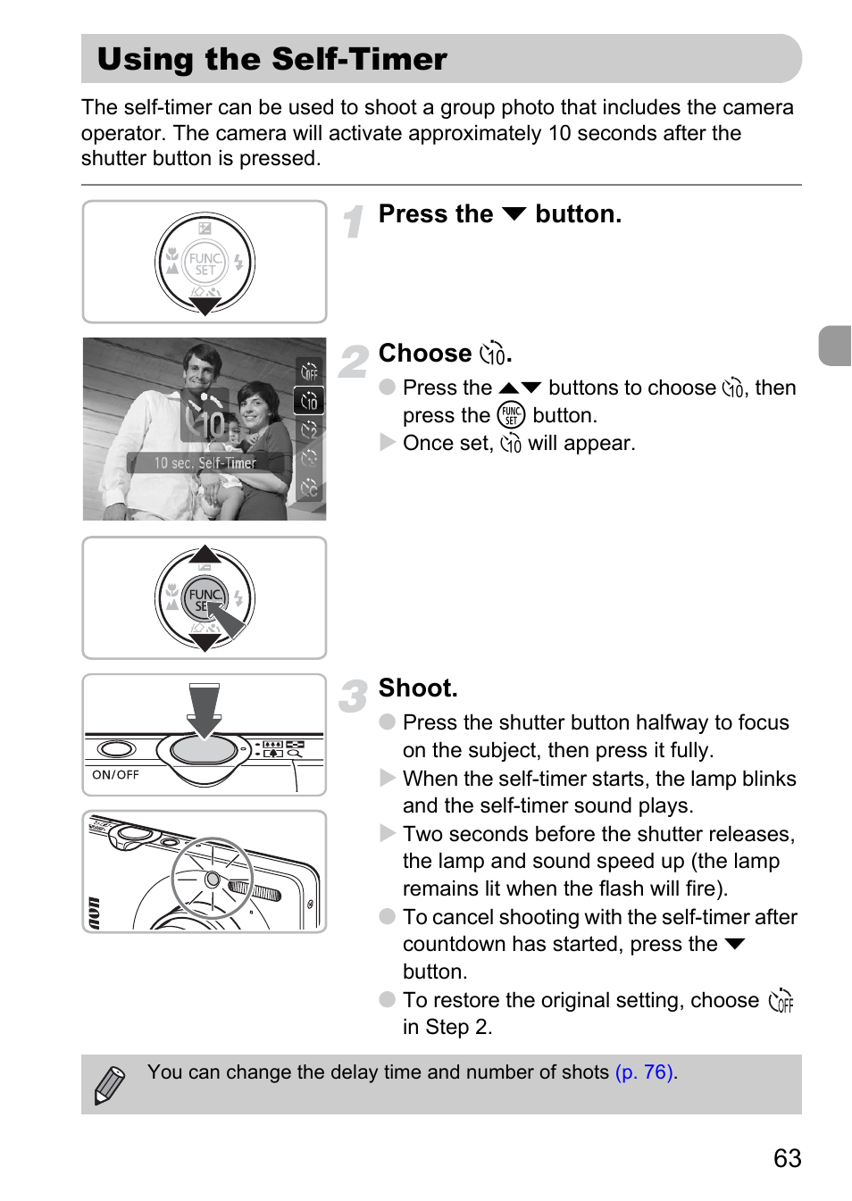 Using the self-timer, Pp. 63, Press the p button. choose ò | Shoot | Canon IXUS 120 IS User Manual | Page 63 / 161