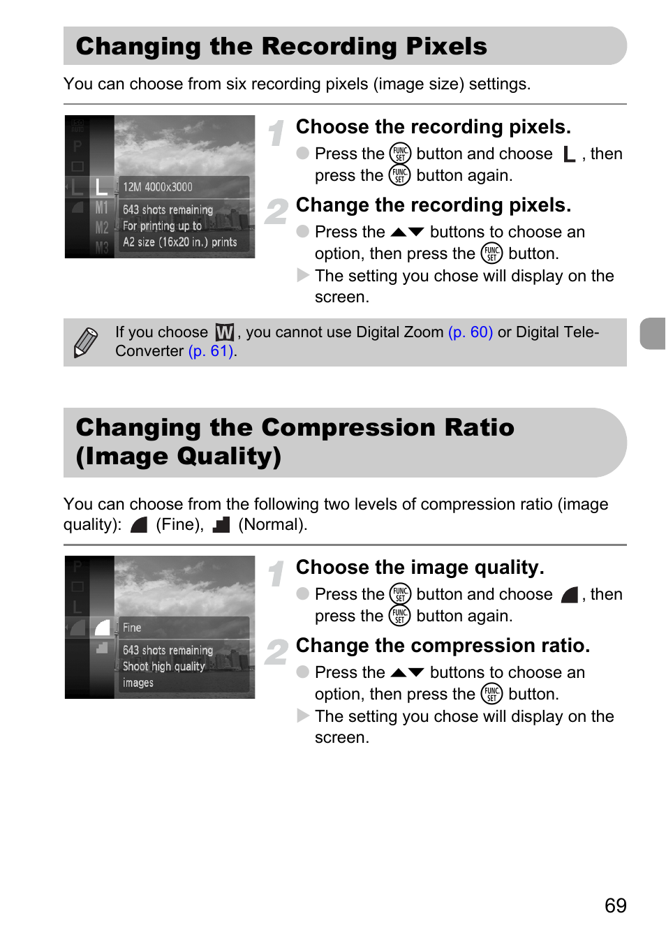 Changing the recording pixels, Changing the compression ratio (image quality), Image quality) | Quality), P. 69), Recording pixels, Pixels, File size, Pp. 69, P. 69 | Canon IXUS 120 IS User Manual | Page 69 / 161