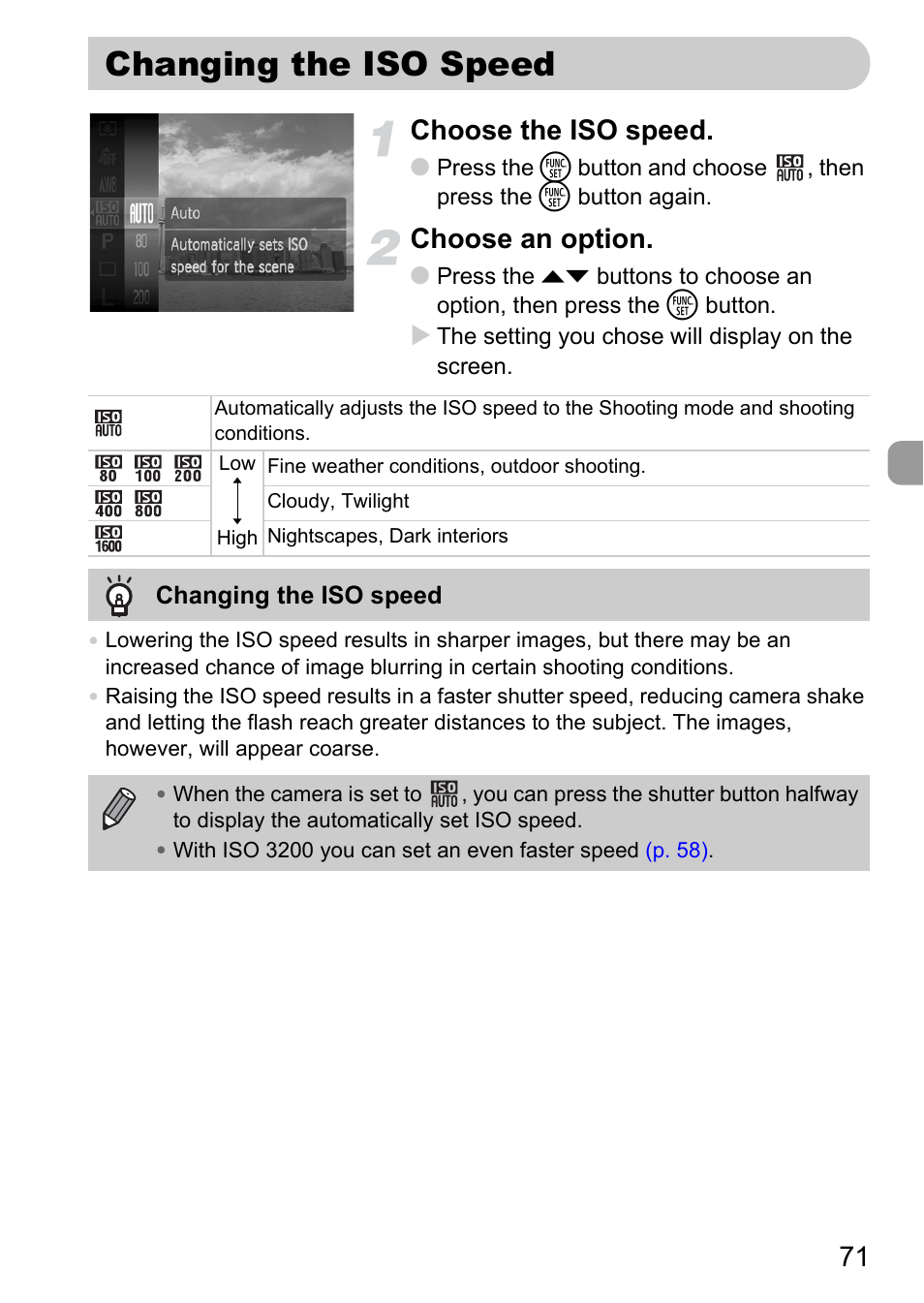 Changing the iso speed, P. 71), Iso speed | 71 choose the iso speed, Choose an option | Canon IXUS 120 IS User Manual | Page 71 / 161