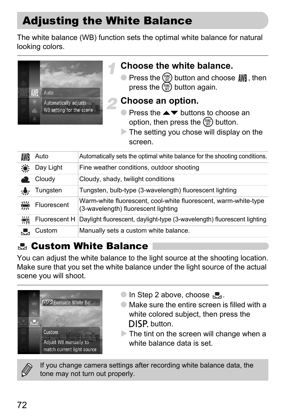 Adjusting the white balance, P. 72), Custom white balance | Choose the white balance, Choose an option | Canon IXUS 120 IS User Manual | Page 72 / 161