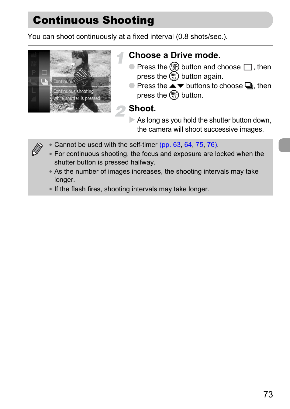 Continuous shooting, P. 73), Choose a drive mode | Shoot | Canon IXUS 120 IS User Manual | Page 73 / 161