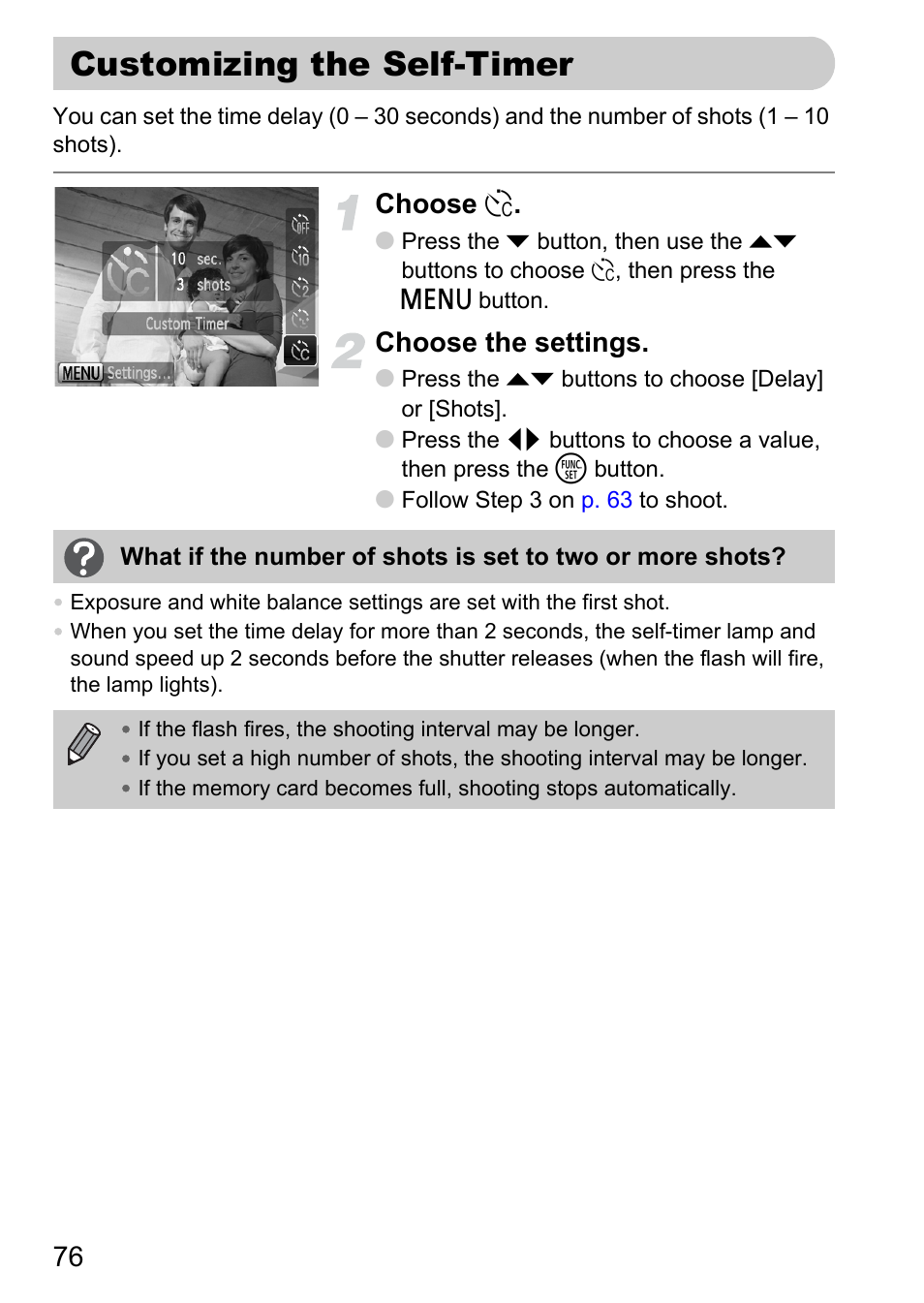 Customizing the self-timer, Choose, Choose the settings | Canon IXUS 120 IS User Manual | Page 76 / 161