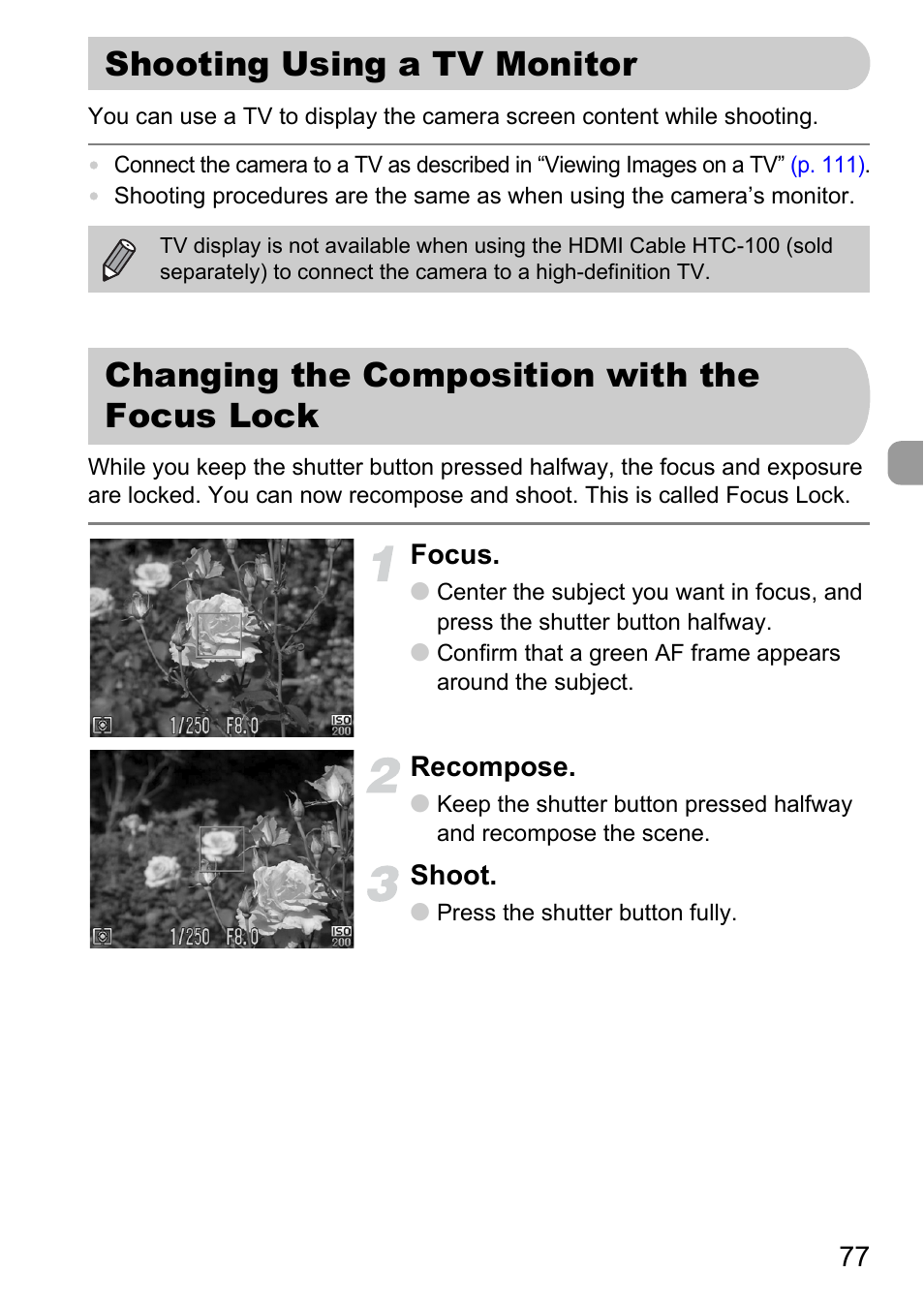 Shooting using a tv monitor, Changing the composition with the focus lock, With the focus lock | Canon IXUS 120 IS User Manual | Page 77 / 161