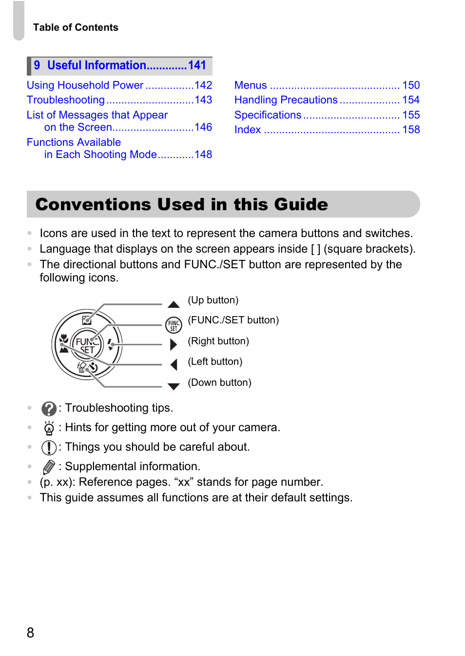 Conventions used in this guide | Canon IXUS 120 IS User Manual | Page 8 / 161