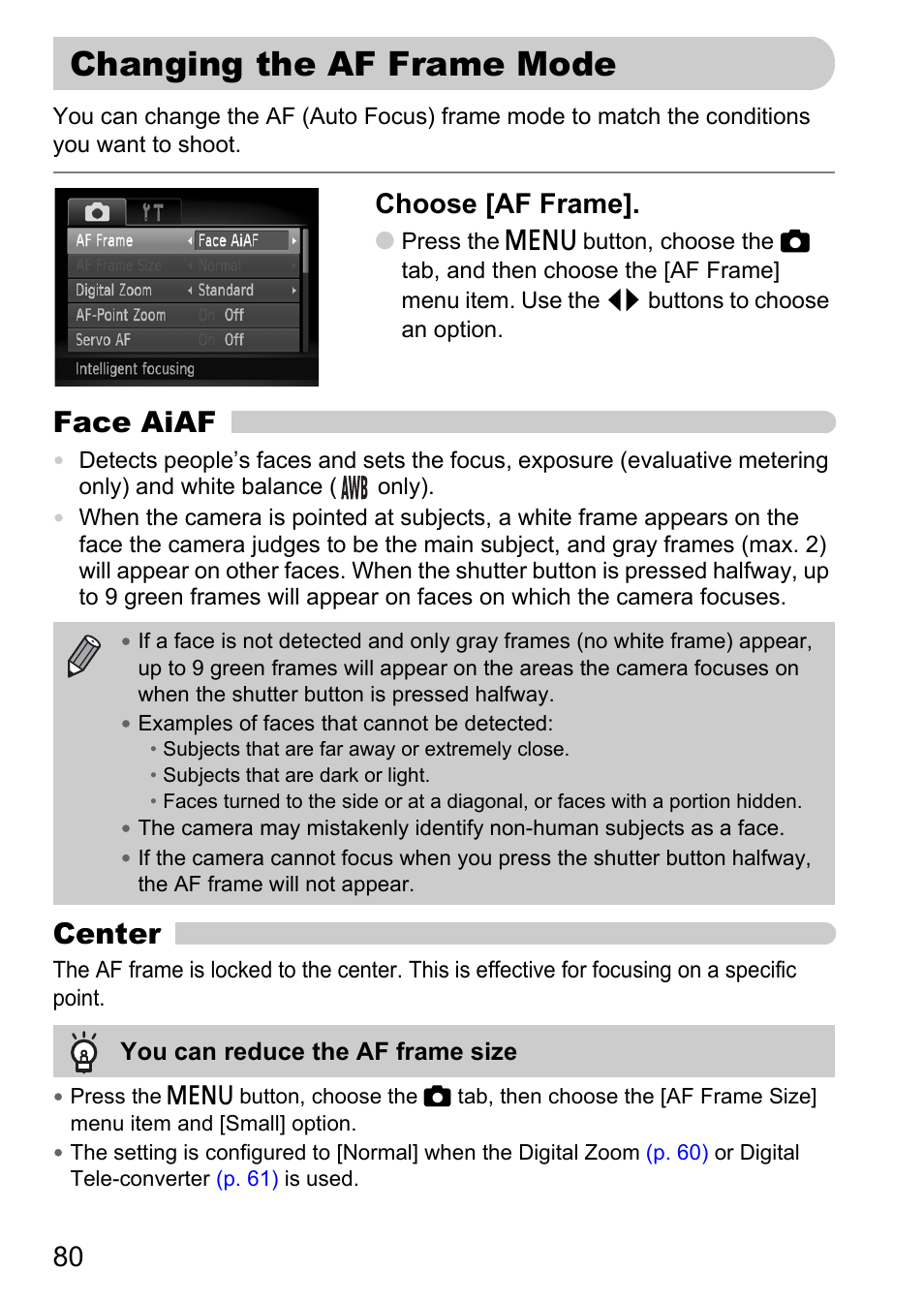 Changing the af frame mode, P. 80), Face aiaf | Center, Choose [af frame | Canon IXUS 120 IS User Manual | Page 80 / 161