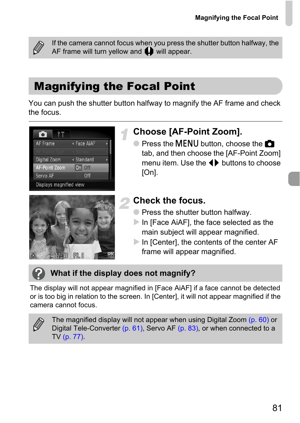 Magnifying the focal point, Choose [af-point zoom, Check the focus | Canon IXUS 120 IS User Manual | Page 81 / 161