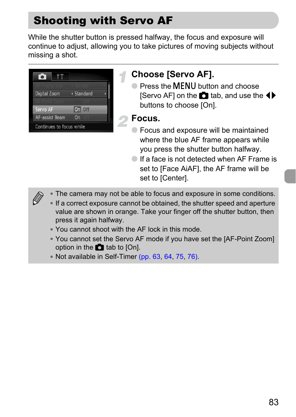 Shooting with servo af, P. 83), Choose [servo af | Focus | Canon IXUS 120 IS User Manual | Page 83 / 161
