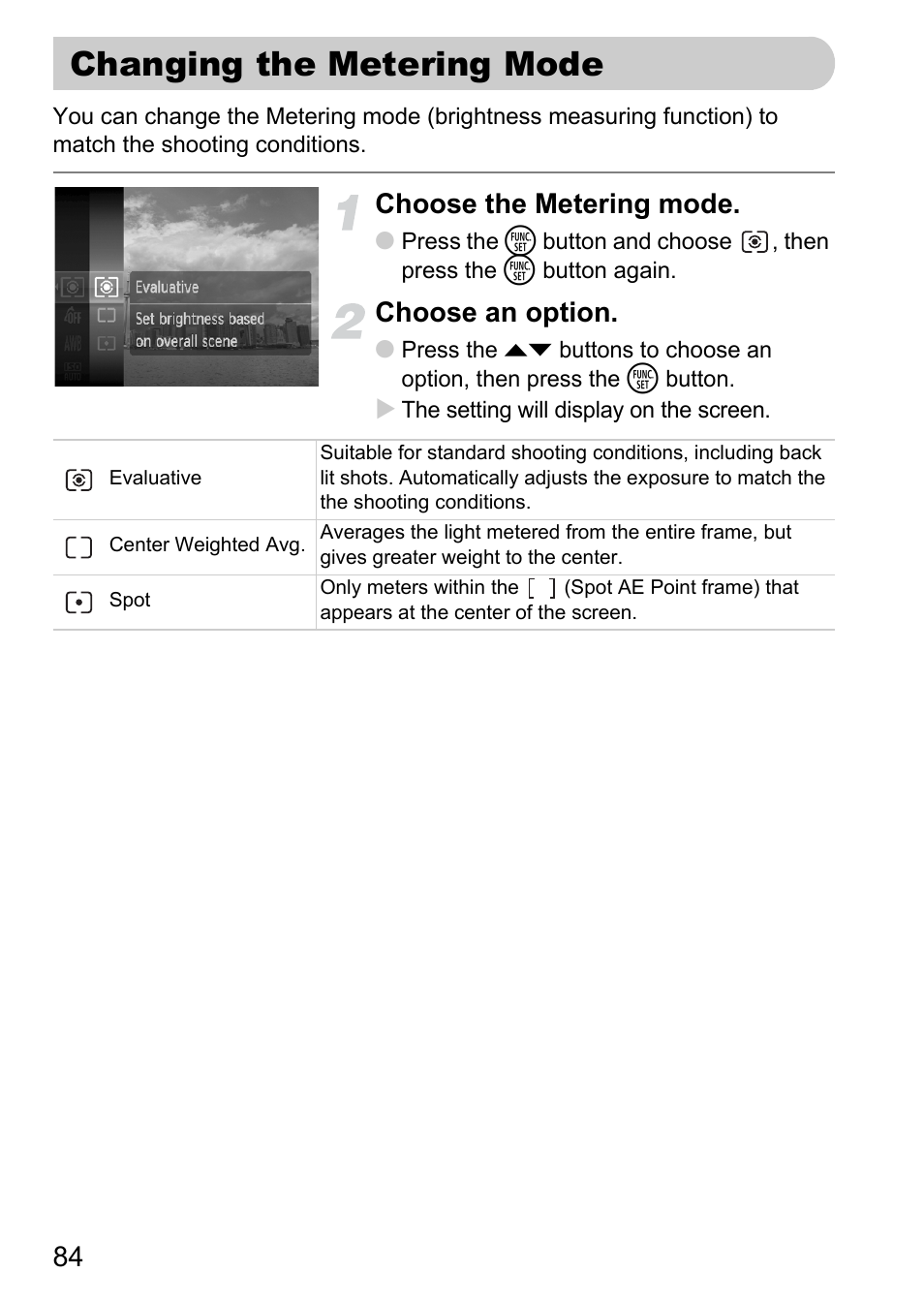 Changing the metering mode, P. 84), Choose the metering mode | Choose an option | Canon IXUS 120 IS User Manual | Page 84 / 161
