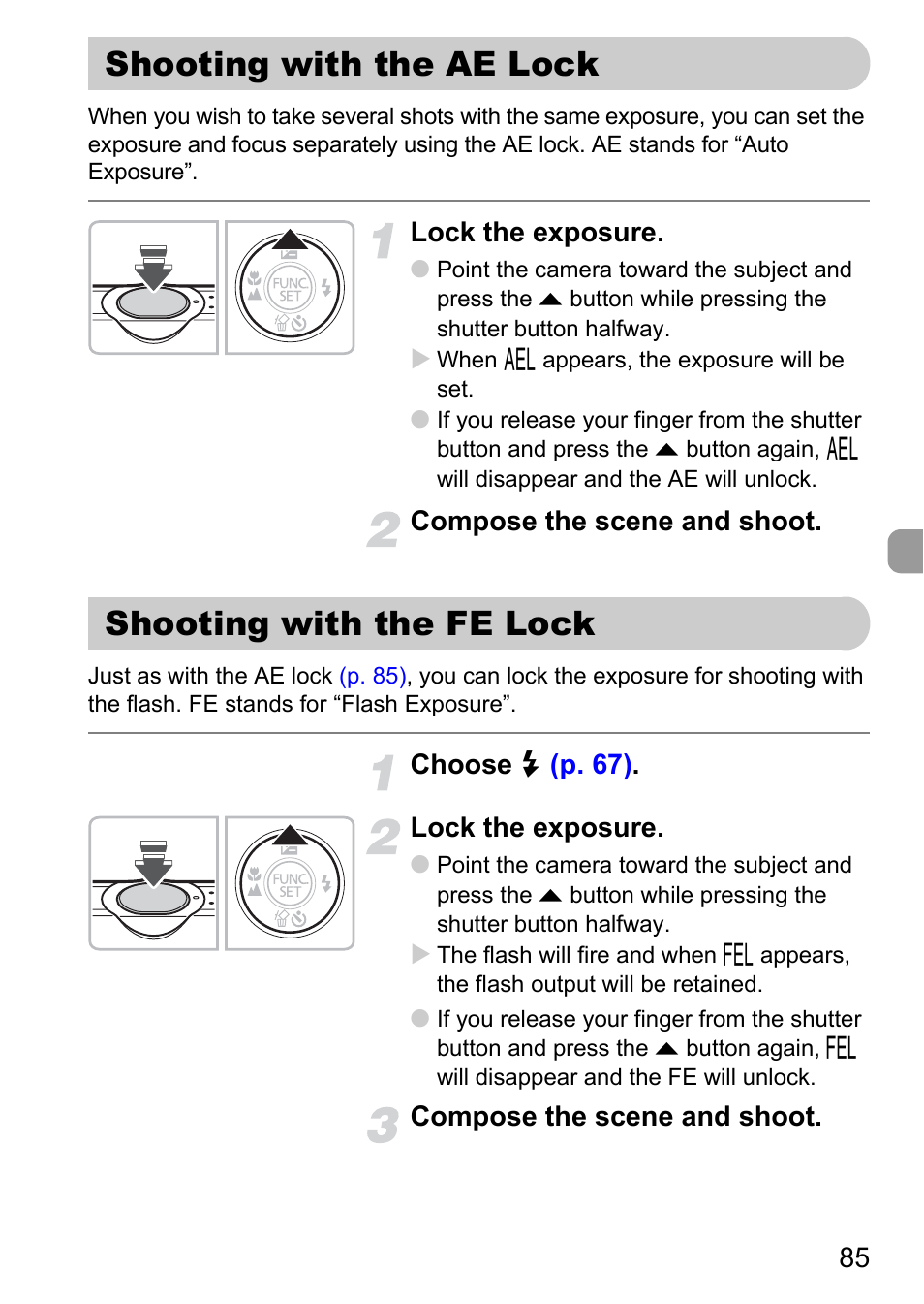 Shooting with the ae lock, Shooting with the fe lock, Lock | Pp. 85, Fe lock, P. 85) | Canon IXUS 120 IS User Manual | Page 85 / 161