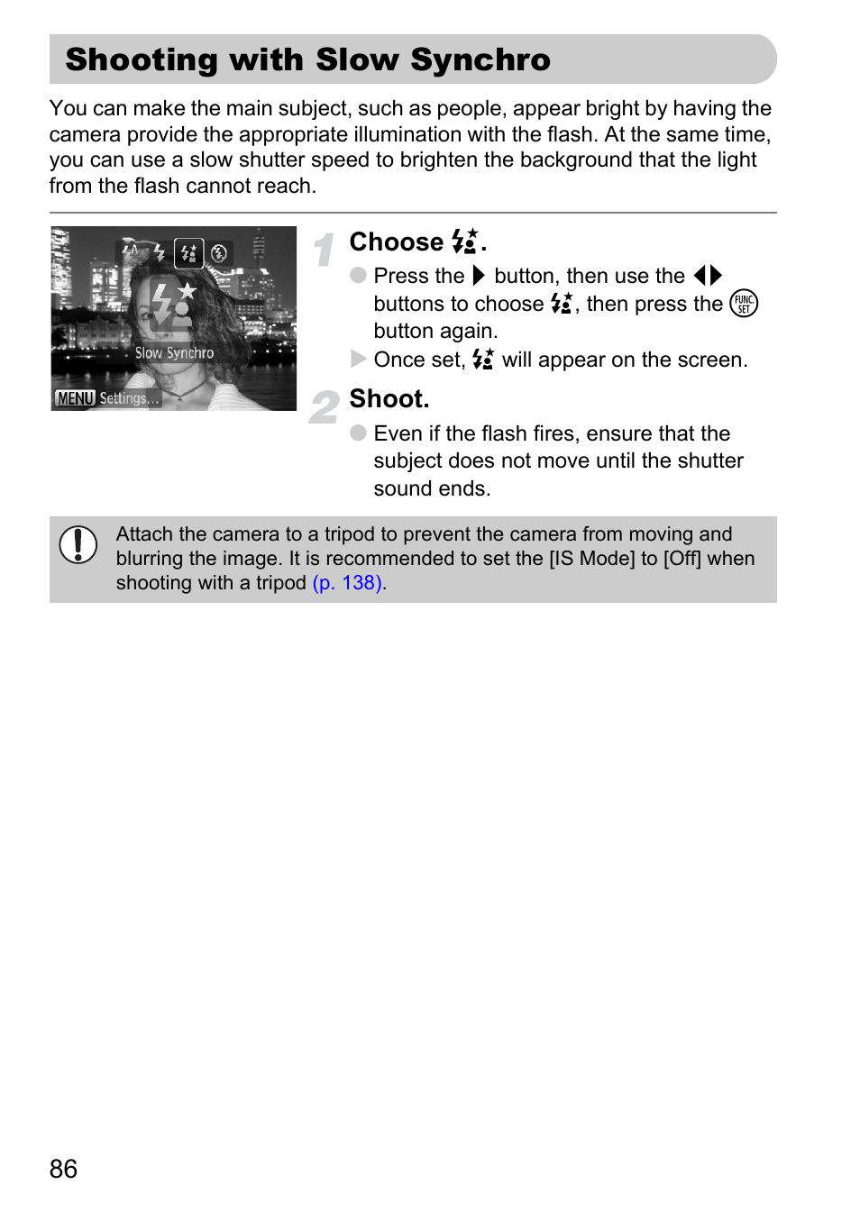 Shooting with slow synchro, Choose, Shoot | Canon IXUS 120 IS User Manual | Page 86 / 161