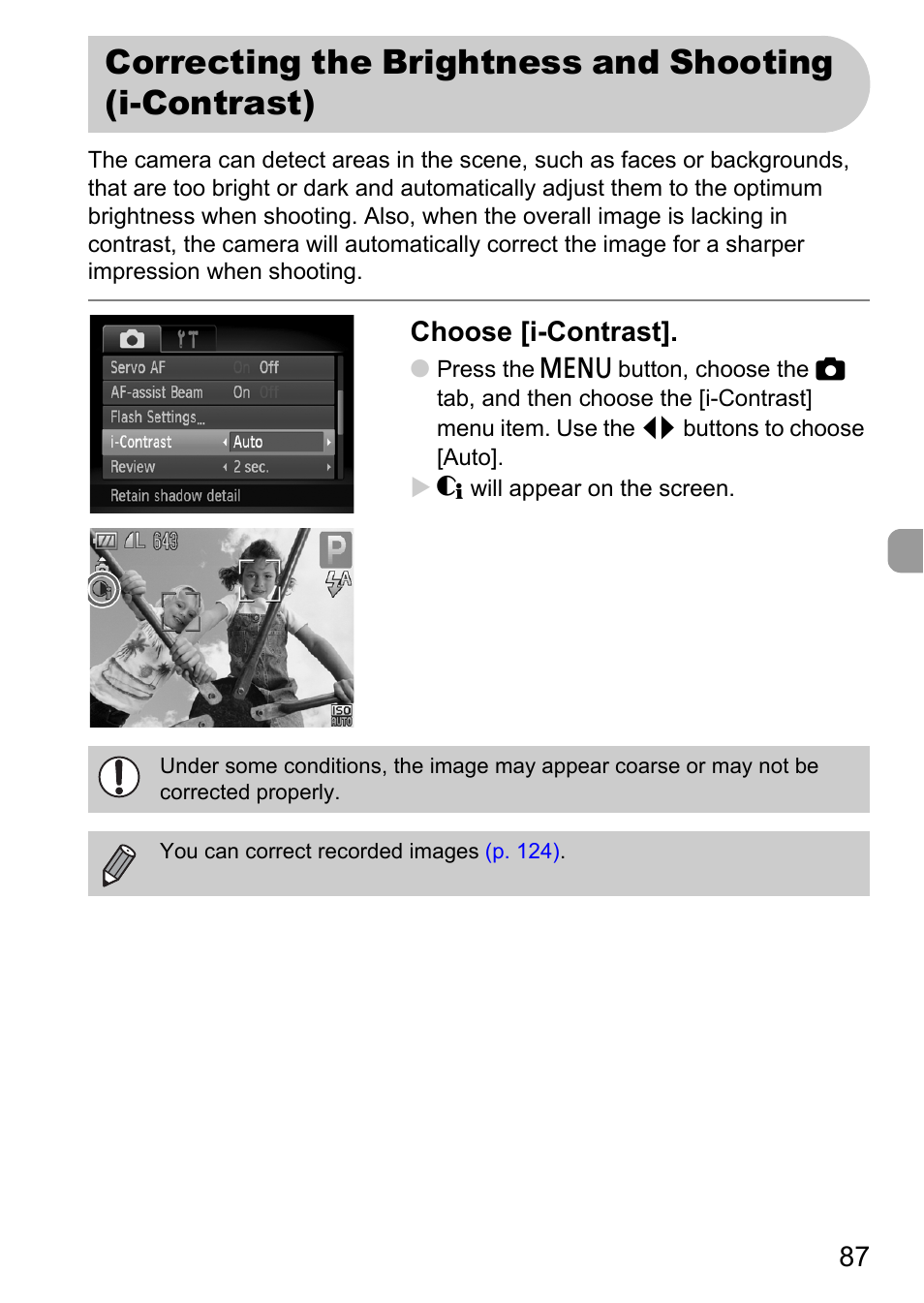 Correcting the brightness and, Shooting (i-contrast), I-contrast | P. 87), Choose [i-contrast | Canon IXUS 120 IS User Manual | Page 87 / 161