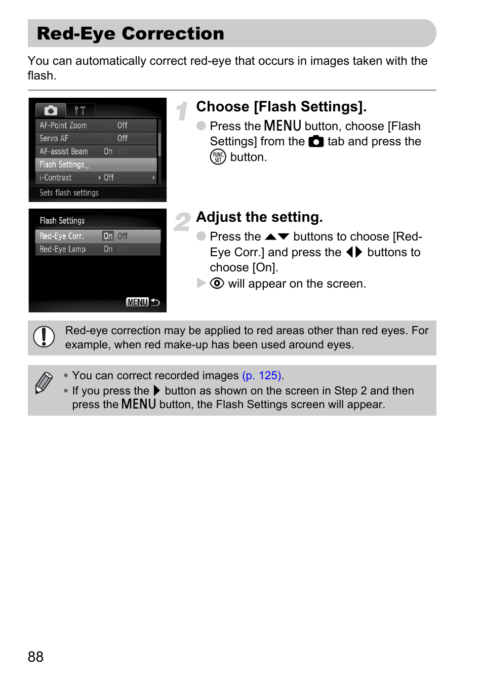 Red-eye correction, P. 88), Choose [flash settings | Adjust the setting | Canon IXUS 120 IS User Manual | Page 88 / 161