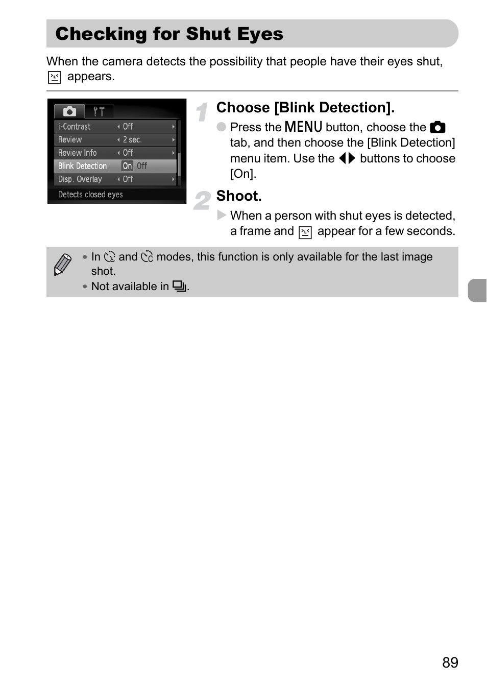 Checking for shut eyes, Choose [blink detection, Shoot | Canon IXUS 120 IS User Manual | Page 89 / 161