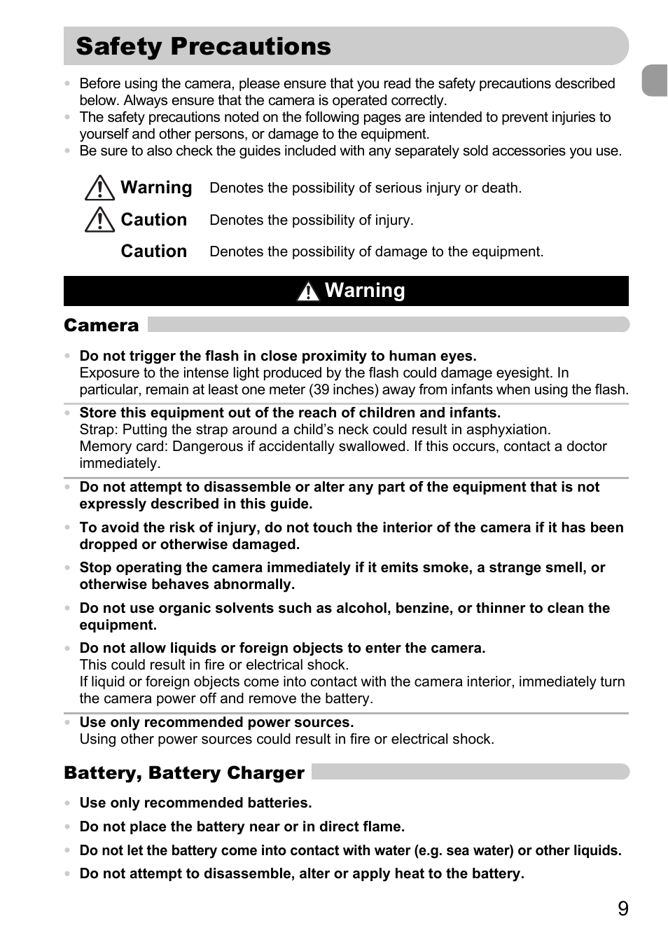 Safety precautions, Warning | Canon IXUS 120 IS User Manual | Page 9 / 161