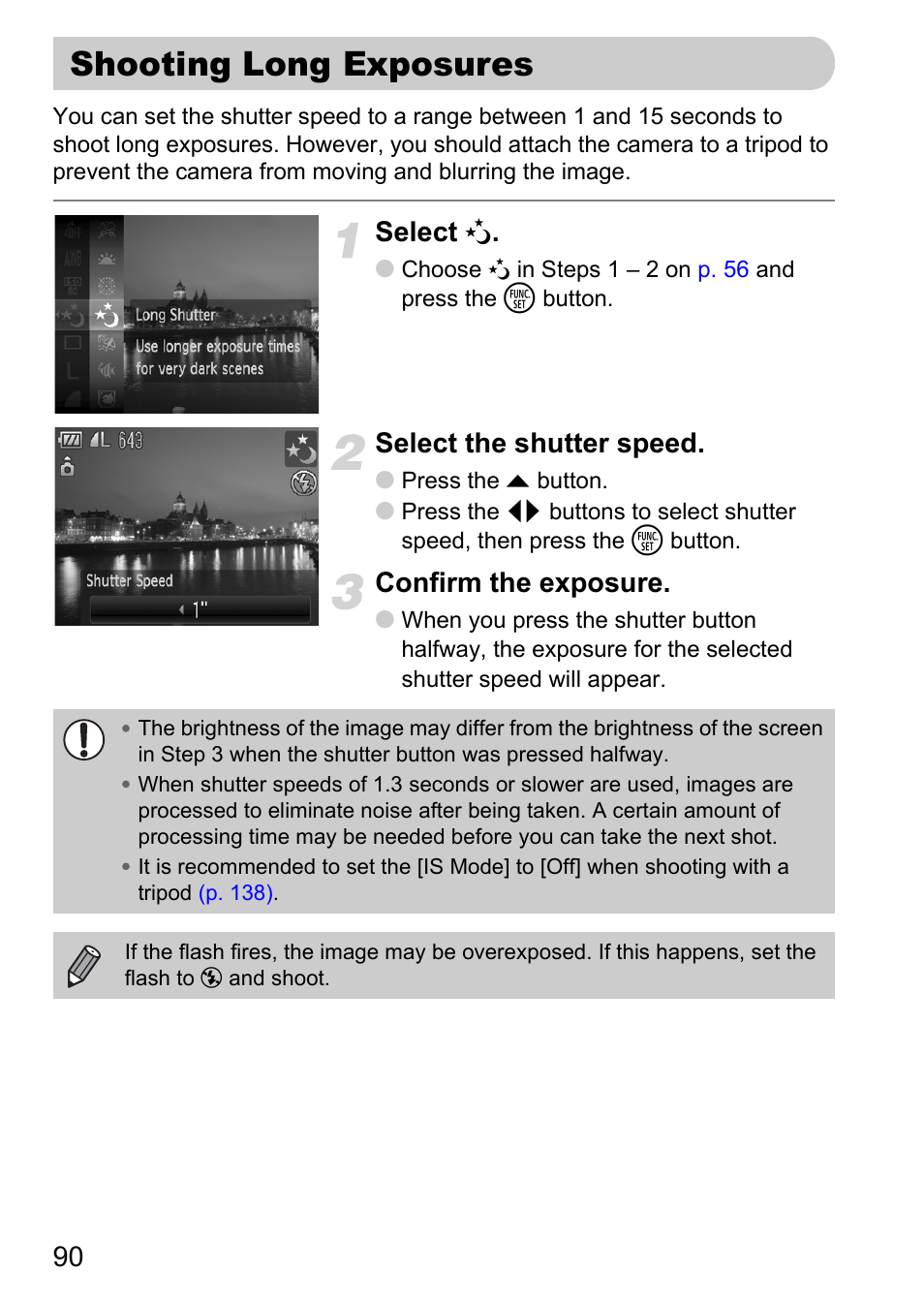 Shooting long exposures, P. 90), Select | Select the shutter speed, Confirm the exposure | Canon IXUS 120 IS User Manual | Page 90 / 161